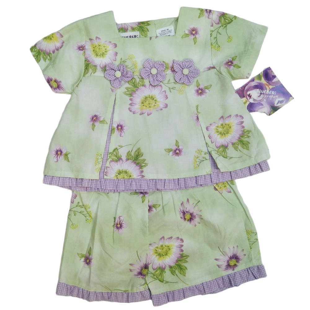 Blueberi Boulevard Girls 18M Green Floral Top Shorts 2 Piece Outfit Set NWT